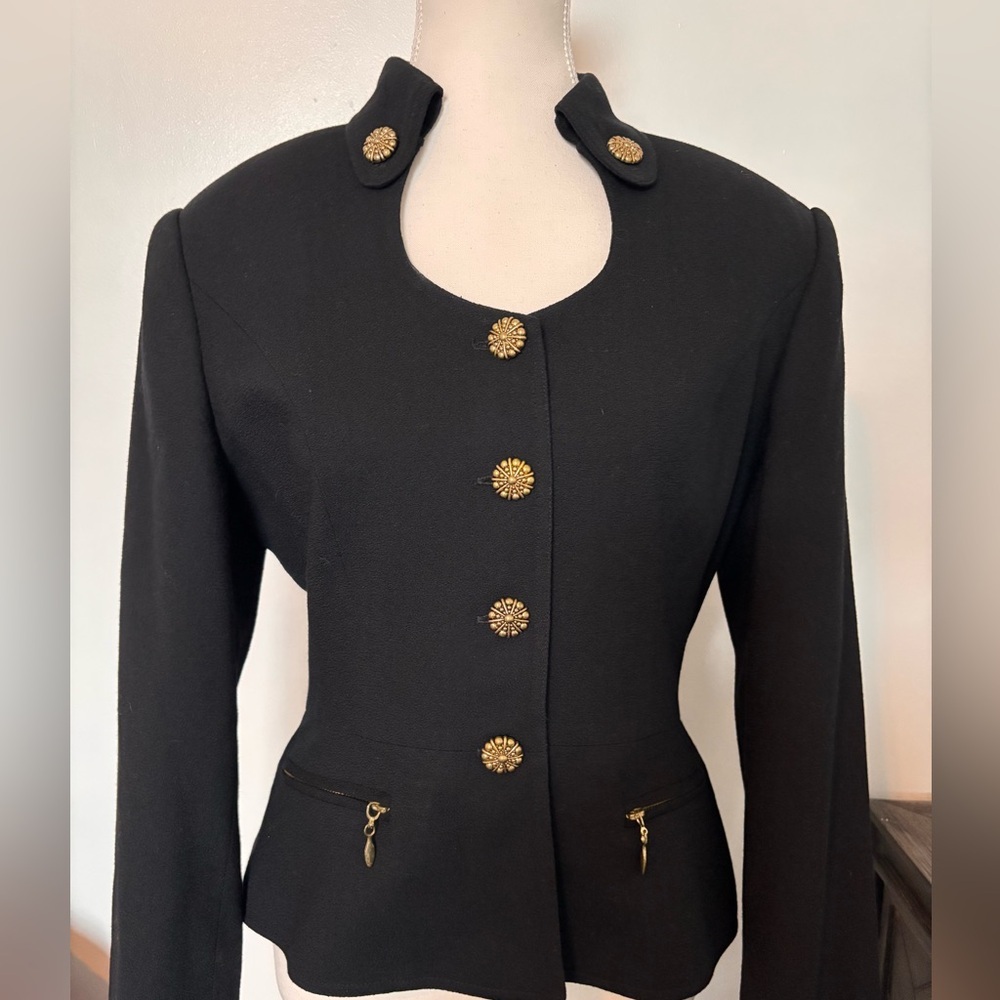 Vintage Women's Wool Black Blazer with Gold Accents - Size US 6